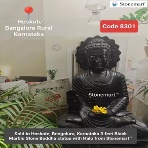 Sold To Bengaluru Rural, Karnataka 3 Feet Serene Black Marble Abhaya Mudra Buddha Statue With Halo