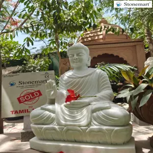 Sold To Erode, Tamil Nadu 2 Feet Hand Carved Abhaya Mudra White Marble Buddha Idol