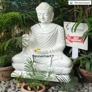 Sold To Panipat, Haryana 3 Feet White Marble Abhaya Mudra Sitting Buddha Sculpture For Garden Decor