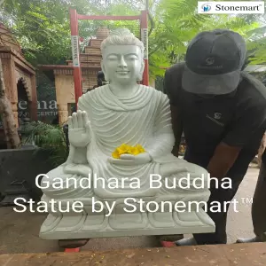 Sold To Dubai, Uae Handcrafted 3 Feet, 180 Kg White Marble Gandhara Buddha Sculpture In Abhaya Mudra