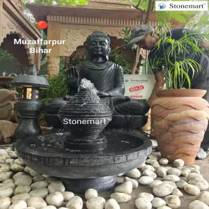 Sold To Muzaffarpur, Bihar 4 Feet Black Marble Buddha Idol, 26 Inch Granite Water Feature, 3 Feet Granite Lantern And Stone Vase