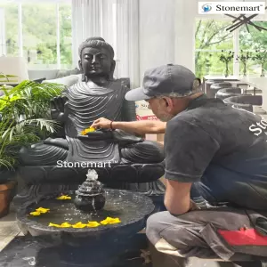 Sold To Pune, Maharashtra 4 Feet, 550 Kg Black Marble Buddha Statue With Granite Lantern And Fountain