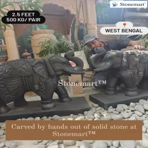 Sold To Bairampur, West Bengal 2.5 Feet, 500 Kg Pair Of Fully Carved Black Marble Stone Elephant Sculptures With Trunk Up