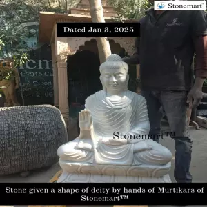 Sold To Tirupati, Andhra Pradesh 3 Feet Abhaya Mudra Buddha Sculpture In White Marble Stone For Home And Garden