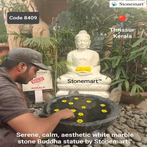 Sold To Thrissur, Kerala Handcrafted 3 Feet White Marble Stone Meditation Buddha Statue With Black Granite Urli Bowl