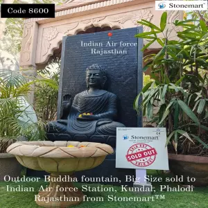 Sold To Indian Air Force, Phalodi, Rajasthan Handcrafted Big Granite Waterfall With 3 Ft Black Marble Stone Buddha Idol