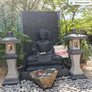 Sold To Kolkata 5 Feet Granite Fountain With 3 Feet Black Marble Buddha Idol, Granite Lamps, And Rock Urli For Home And Garden