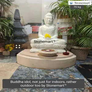 Sold To Coimbatore, Tamil Nadu 2 Feet White Marble Meditating Buddha Statue With Stone Pedestal And Granite Pagoda Lantern