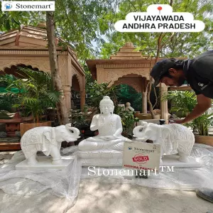 Sold To Vijayawada, Andhra Pradesh 3 Feet White Marble Buddha Sculpture With Pair Of 2 Feet Elephant Statues For Outdoor