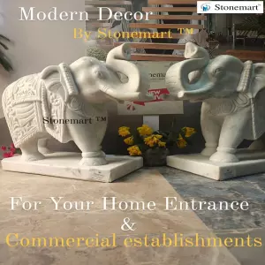 White Marble Stone Elephant Statue Pair With Trunk Up For Indoor And Outdoor