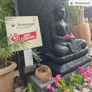 Sold To Trichur, Kerala 39 Inch Granite Water Fountain With 2 Feet Black Marble Stone Dhyana Mudra Buddha Statue