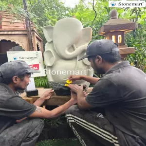 3 Feet, 140 Kg Modern Abstract Ganesha Stone Sculpture With Stone Lantern For Contemporary Decor