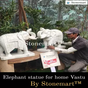 2 Feet, 300 Kg Pair Of Carved White Marble Stone Elephant Sculptures For Vastu Decor