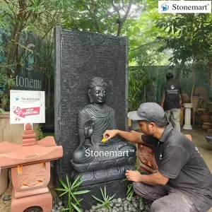 Sold To Karwar, Karnataka 5 Feet Hand Carved Granite Fountain With Marble Buddha And Stone Lanterns