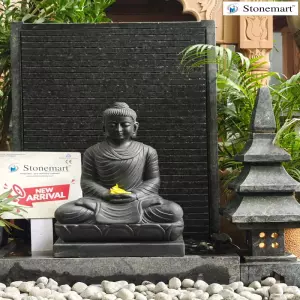 Sold To Trichur, Kerala 39 Inch Granite Panel Fountain With 2 Feet Black Marble Buddha Idol And Granite Pagoda Lamp