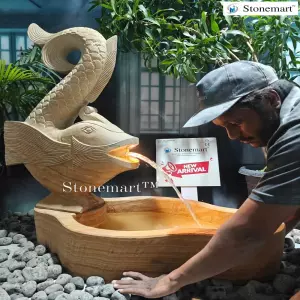 44 Inch Handcrafted Natural Stone Fish Sculpture Fountain For Interior Decor