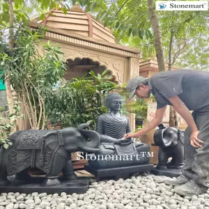 Sold To Hyderabad, Telangana 2.5 Feet Black Marble Elephant Statues With 3 Feet Black Marble Meditation Buddha Statue