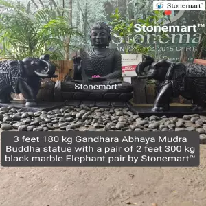 Sold To Karwar, Karnataka 3 Feet Black Marble Buddha Statue With A Pair Of 2 Feet Black Marble Stone Elephant Statues