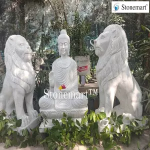 Available 4 Feet White Marble Stone Buddha Sculpture With Pair Of 4 Feet Lion Statues For Indoor And Outdoor