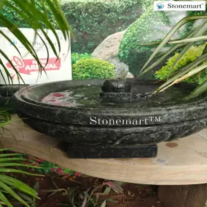 Sold To Udupi, Karnataka 32 Inch Hand Carved Granite Uruli Bird Bath Fountain For Luxury Home And Garden
