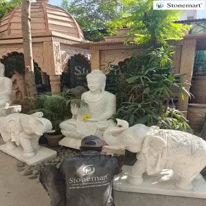 Sold To Chittoor, Andhra Pradesh 4 Feet White Marble Stone Buddha Statue With 3 Feet, 800 Kg Elephant Statue Pair