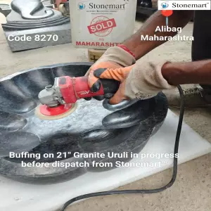 Buffing In Progress Of 21 Inch Granite Floral Urli Bowl For Dispatch To Alibag, Maharashtra