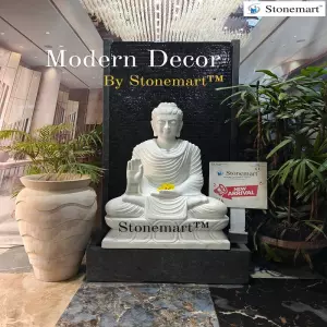 Available Hand Carved 5 Feet Granite Fountain With 3 Feet Marble Stone Buddha Idol And Stone Vase For Modern Decor