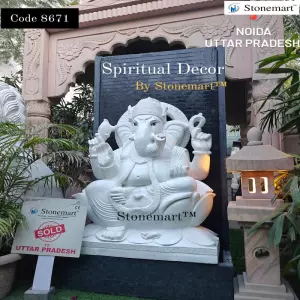 Sold To An Office In Greater Noida, Uttar Pradesh - 5 Feet Hand Carved Stone Ganesha Waterfall With Japanese Stone Pagoda Lantern