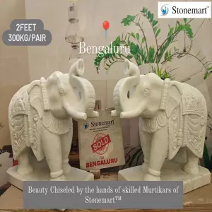 Sold To Bengaluru, Karnataka Handcrafted 2 Feet Elephant Sculptures Carved Out Of White Marble Stone