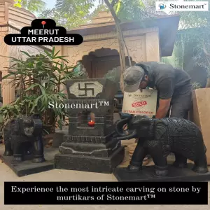 Sold To Meerut, Uttar Pradesh 3 Feet Granite Stone Tulsi Vrindavan With Pair Of 2 Feet Marble Stone Elephant Statues