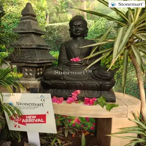 Sold To Trichur, Kerala 2 Feet Black Marble Dhyana Mudra Buddha Statue With 26 Inch Granite Pagoda Lantern