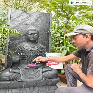 Sold To Erode, Tamil Nadu 5 Feet, 520 Kg Granite Waterfall With 3 Feet, 180 Kg Black Marble Abhaya Mudra Buddha Idol