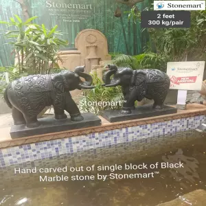 24 Inch, 300 Kg Pair Of Carved Black Marble Elephant Figurines For Entrance Decor