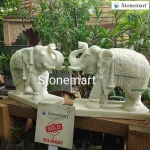 Sold To Ahmedabad, Gujarat 2 Feet Hand Carved White Marble Elephant Figurines
