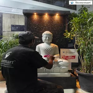 Sold To Trivandrum, Kerala 5.5 Feet, 600 Kg Granite Waterfall With 3 Feet, 180 Kg White Marble Dhyana Mudra Buddha Statue