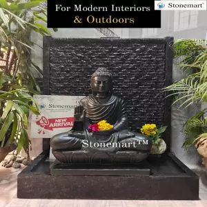 Sold To Bengaluru, Karnataka - Modern Ribbed Granite Stone Waterfall With Black Marble Stone Buddha Idol