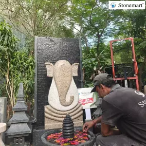 5 Feet Granite Fountain With 3 Feet Granite Ganesha Abstract Sculpture, Lantern And Urli