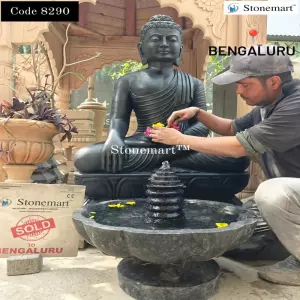 Sold To Saiven Developers, Bengaluru, Karnataka - Large Size Black Stone Buddha Statue With Granite Urli Water Fountain