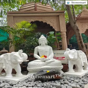 Sold To Valsad, Gujarat 3 Feet Dhyana Mudra White Marble Buddha Statue With 2 Feet Marble Elephant Statue Pair
