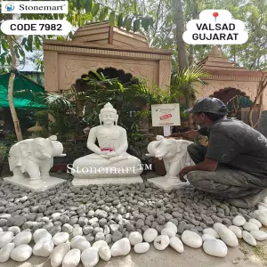 Sold To Valsad, Gujarat 3 Feet White Marble Buddha Statue With 2 Feet Elephant Statue Pair