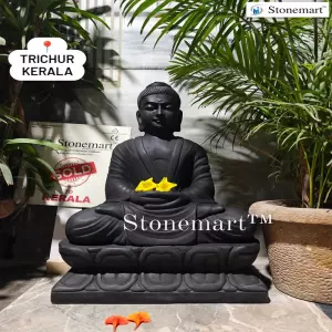 Sold To Trichur, Kerala 2 Feet Handcrafted Black Marble Stone Dhyana Mudra Buddha Statue