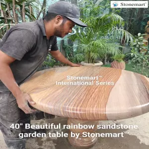 Hand Carved 40 Inch Diameter Rainbow Sandstone Garden Table