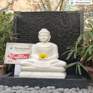 Available Handcrafted 39 Inch Granite Waterfall With 2 Feet Marble Buddha Idol For Indoor And Outdoor