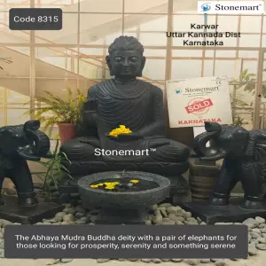 Sold To Karwar, Karnataka 3 Feet Black Marble Stone Abhaya Mudra Buddha Statue With 2 Feet Black Marble Elephant Pair