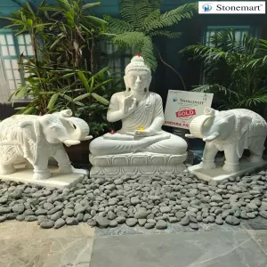 Sold To Vijayawada, Andhra Pradesh 3 Feet, 180 Kg White Marble Buddha Statue With 2 Feet, 300 Kg Pair Of Marble Elephant Statues