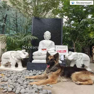 Sold To Vapi, Gujarat 5 Feet Large Black Granite Fountain With 3 Feet Marble Buddha Idol And 2 Feet White Marble Stone Elephants
