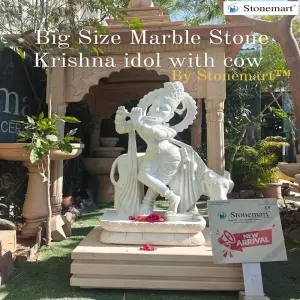 3.5 Feet Divine Lord Krishna With Cow Idol Out Of Marble And Stone Pedestal