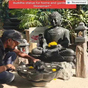 Available 3 Feet Black Marble Buddha Statue With Granite Urli Fountain And Lanterns