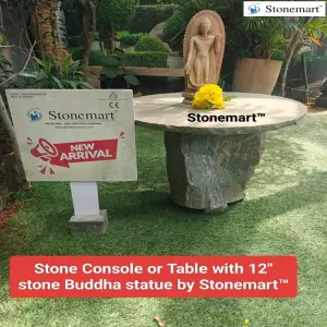 Available 22 Inch Diameter Natural Stone Coffee Table Or Console Table With 12 Inch Buddha Idol