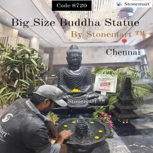 Sold To Chennai, Tamil Nadu - 4Ft Big Black Stone Buddha Statue With Granite Lanterns And Water Fountain